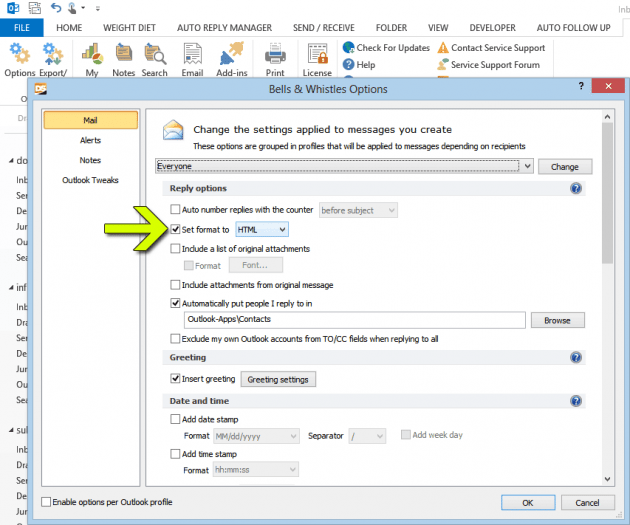 outlook always reply in html format