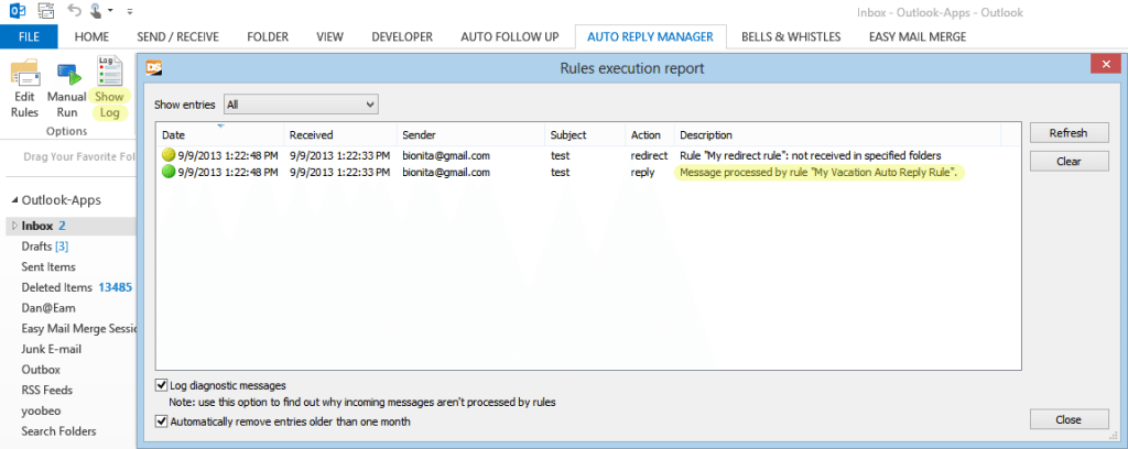 Auto reply Outlook log