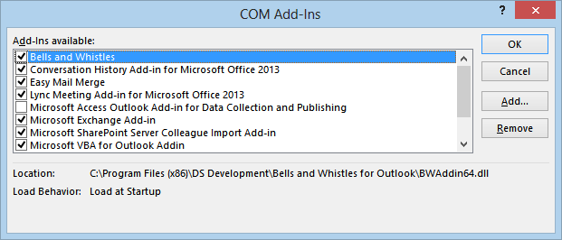 enable disable Outlook addins