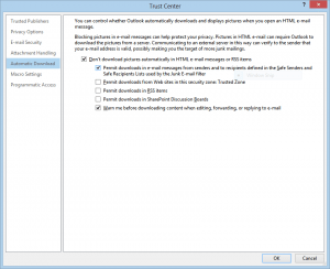 Enable or disables pictures download in Outlook