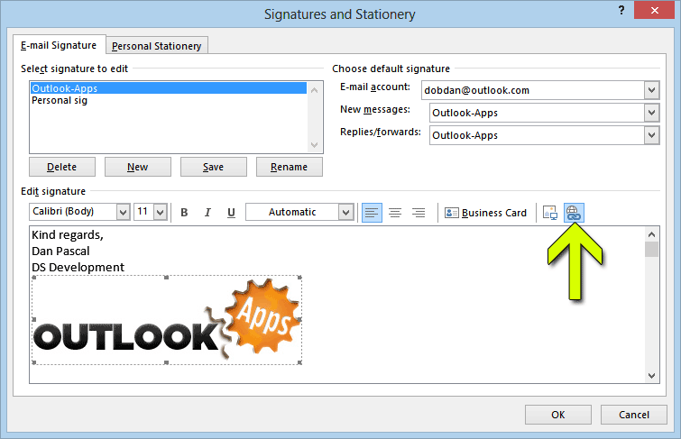 tutorial outlook signature image with hyperlink