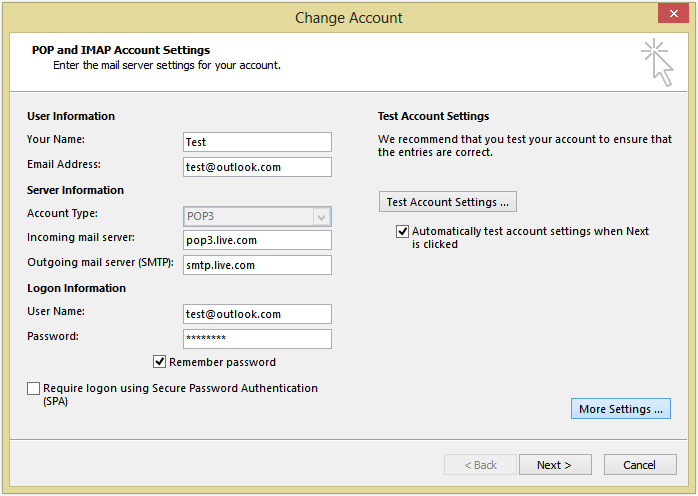 outlook account settings for me.com